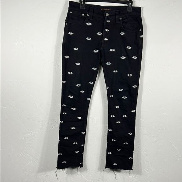 👁️👁️ NUDIE JEANS CO. Black Denim “EYE” Graphic Jeans - RARE - Sz 32 - *READ* - Picture 1 of 14